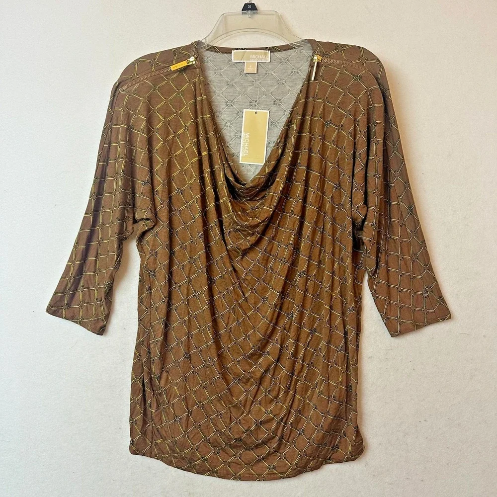 Michael‎ Kors Caramel brown Equestrian Chain Print Cowl Neck Zipper Top sz Small